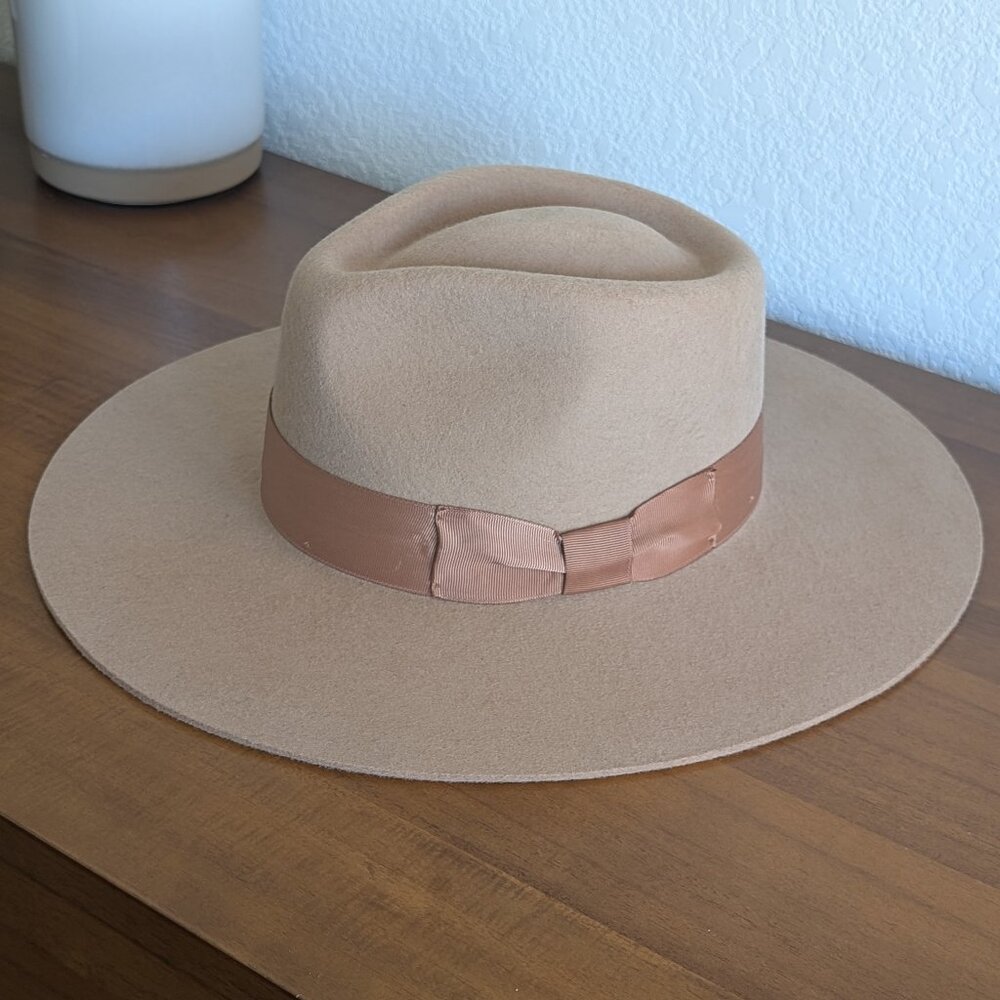 Patina “The Lark” Tan Felt Fedora – Wide Brim Hat w/ Classic Fedora Band - LARGE